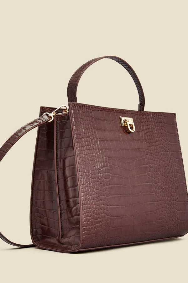 Brown Croc Faux Leather Top Handle Tote Bag With Cross Body Strap 5 Brown Croc Faux Leather Top Handle Tote Bag With Cross Body Strap - Image 3