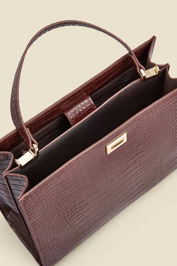 Brown Croc Faux Leather Top Handle Tote Bag With Cross Body Strap 7 Brown Croc Faux Leather Top Handle Tote Bag With Cross Body Strap - Image 5