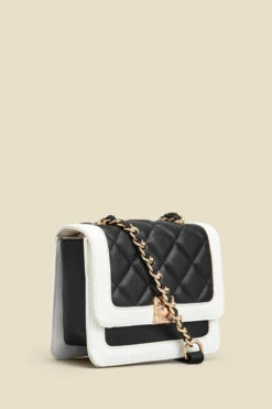 Black Quilted Ivory Trim Chain Detail Cross Body Bag -SOSANDAR Sales web 2307 box a23ac013bk0001 b