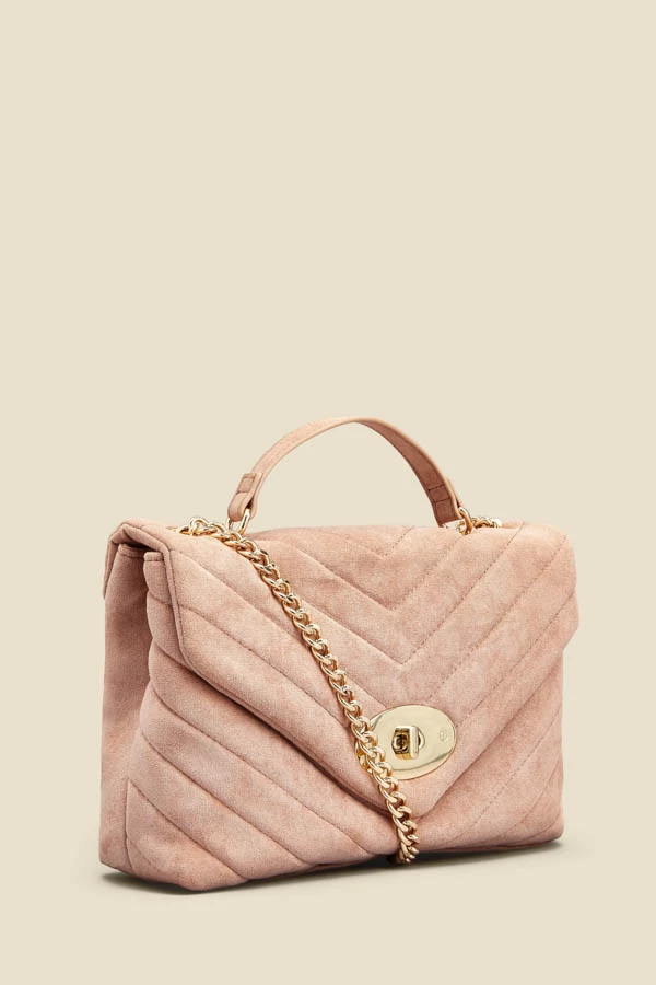 Taupe Faux Suede Quilted Clasp Detail Cross Body Bag 5 Taupe Faux Suede Quilted Clasp Detail Cross Body Bag - Image 3