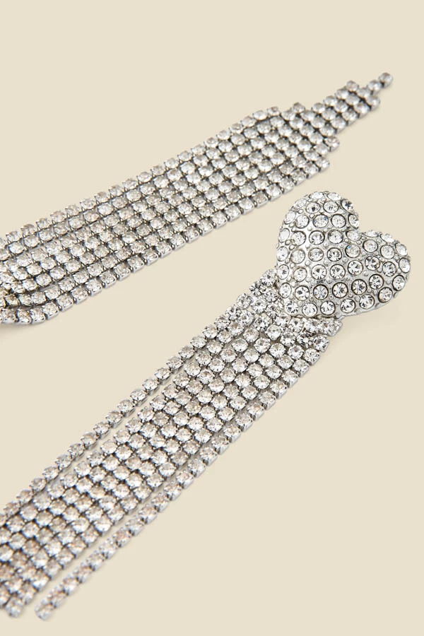 Silver Rhineshtone Heart Detail Tassel Earrings 4 Silver Rhineshtone Heart Detail Tassel Earrings - Image 2