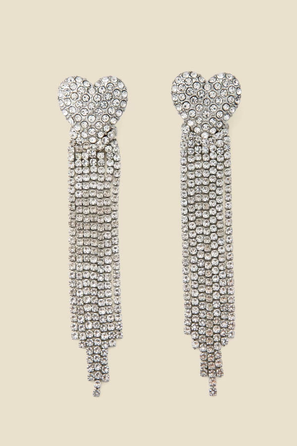 Silver Rhineshtone Heart Detail Tassel Earrings 3 Silver Rhineshtone Heart Detail Tassel Earrings