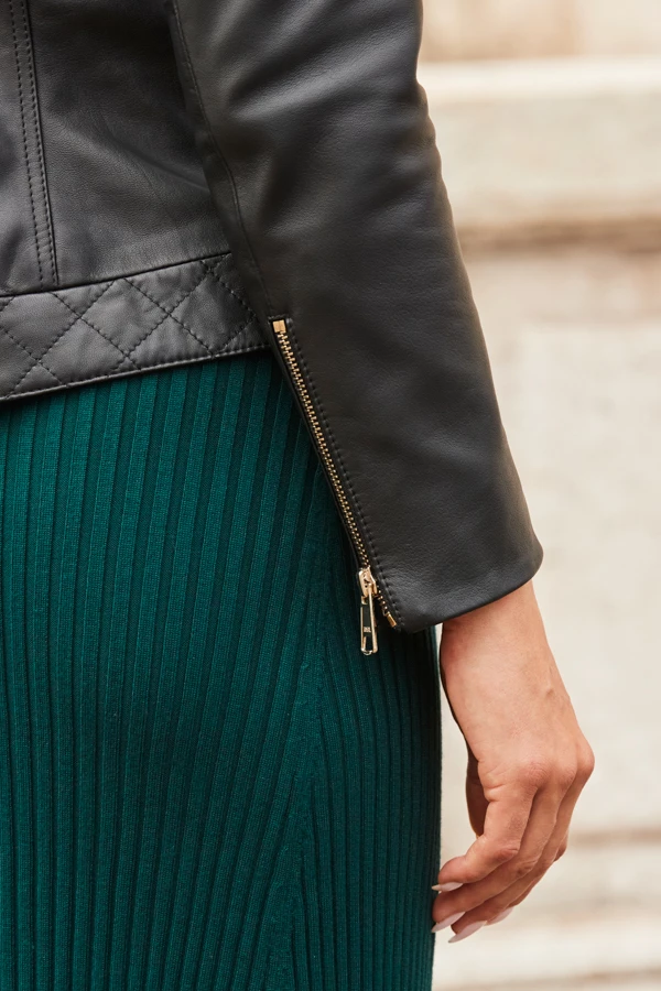 Black Quilted Round Neck Leather Jacket With Gold Buttons 8 Black Quilted Round Neck Leather Jacket With Gold Buttons - Image 6