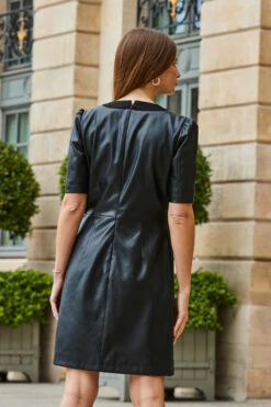 Black Faux Leather Button Front Pocket Detail Shift Dress -SOSANDAR Sales web 2308 105 a23dp021bk0001 105 151
