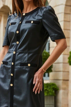 Black Faux Leather Button Front Pocket Detail Shift Dress -SOSANDAR Sales web 2308 105 a23dp021bk0001 105 172