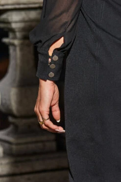 Black Sweetheart Neckline Pencil Dress With Sheer Sleeve Detail -SOSANDAR Sales web 2308 116 a23dw022bk0001 116 145