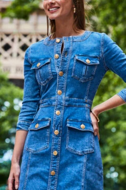 Mid Blue Button Front Pocket Detail Denim Dress -SOSANDAR Sales web 2308 122 a23dd003be0007 122 284