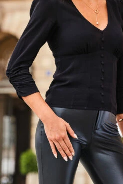 Black Button Front Ruched Sleeve Top 13 Black Button Front Ruched Sleeve Top -SOSANDAR Sales web 2308 125 a23tw040bk0001 125 214