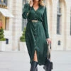 Green Satin Shirt Dress With Luxe Gold Belt -SOSANDAR Sales web 2308 127 a23dw024gn0001 127 035 rt