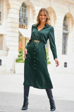 Green Satin Shirt Dress With Luxe Gold Belt 10 Green Satin Shirt Dress With Luxe Gold Belt -SOSANDAR Sales web 2308 127 a23dw024gn0001 127 059 rt