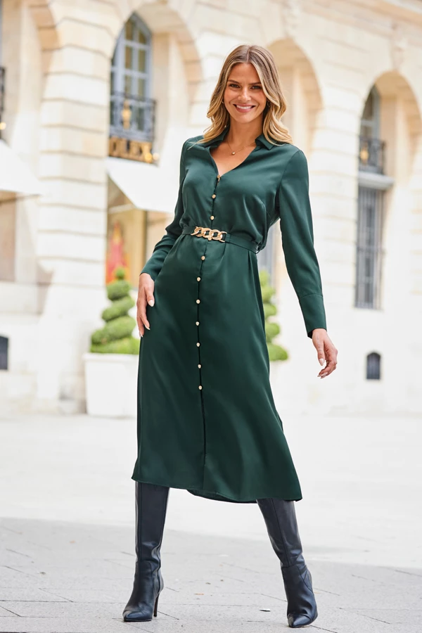 Green Satin Shirt Dress With Luxe Gold Belt 4 Green Satin Shirt Dress With Luxe Gold Belt - Image 2