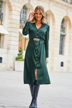 Green Satin Shirt Dress With Luxe Gold Belt 14 Green Satin Shirt Dress With Luxe Gold Belt -SOSANDAR Sales web 2308 127 a23dw024gn0001 127 072 rt