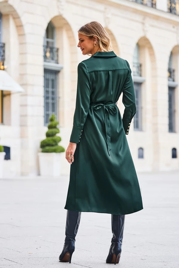 Green Satin Shirt Dress With Luxe Gold Belt 6 Green Satin Shirt Dress With Luxe Gold Belt - Image 4