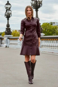 Burgundy Fluted Hem Leather Dress -SOSANDAR Sales web 2308 17 a23dl002rd0004 17 064 rt