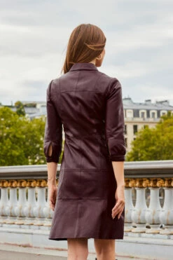 Burgundy Fluted Hem Leather Dress -SOSANDAR Sales web 2308 17 a23dl002rd0004 17 221 rt