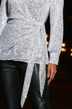 Winter White Sequin Tie Side Longline Shirt -SOSANDAR Sales web 2308 25 s23tw167wh0001 25 191 rt