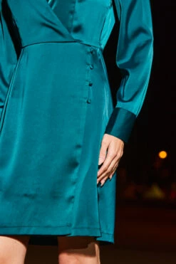 Emerald Green Satin Collared Faux Wrap Dress 14 Emerald Green Satin Collared Faux Wrap Dress -SOSANDAR Sales web 2308 28 a23dw068gn0032 28 145