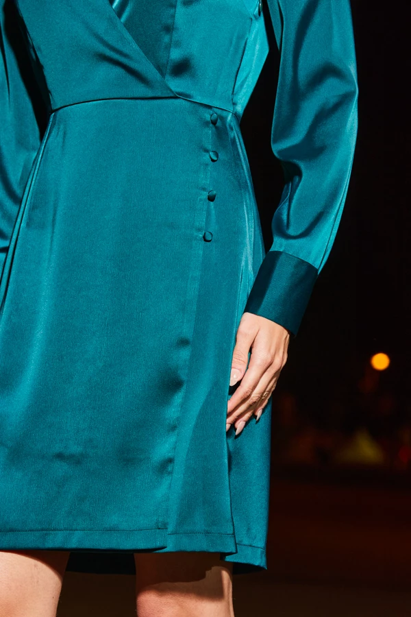 Emerald Green Satin Collared Faux Wrap Dress 8 Emerald Green Satin Collared Faux Wrap Dress - Image 6