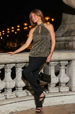 Gold Metallic Plisse Halter Neck Jersey Top -SOSANDAR Sales web 2308 29 a23tj011mc0001 29 023