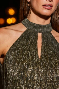 Gold Metallic Plisse Halter Neck Jersey Top -SOSANDAR Sales web 2308 29 a23tj011mc0001 29 260