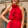 Red Satin Corsage Ruffle Detail Halter Neck Top -SOSANDAR Sales web 2308 32 a23tw093rd0021 a22bw006rd0001 32 166