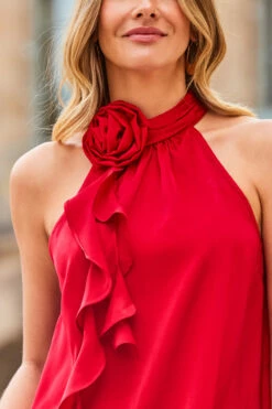 Red Satin Corsage Ruffle Detail Halter Neck Top 14 Red Satin Corsage Ruffle Detail Halter Neck Top -SOSANDAR Sales web 2308 32 a23tw093rd0021 a22bw006rd0001 32 416