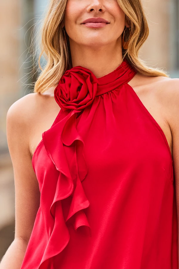 Red Satin Corsage Ruffle Detail Halter Neck Top 7 Red Satin Corsage Ruffle Detail Halter Neck Top - Image 5