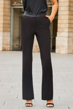 Black Satin Waistband Tuxedo Kick Flare Trousers -SOSANDAR Sales web 2308 34 a23bw021bk0001 a23ow033bk0001 34 405