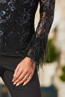 Black Lace & Embellished Feather Trim Top -SOSANDAR Sales web 2308 35 a23tw001bk0001 35 277