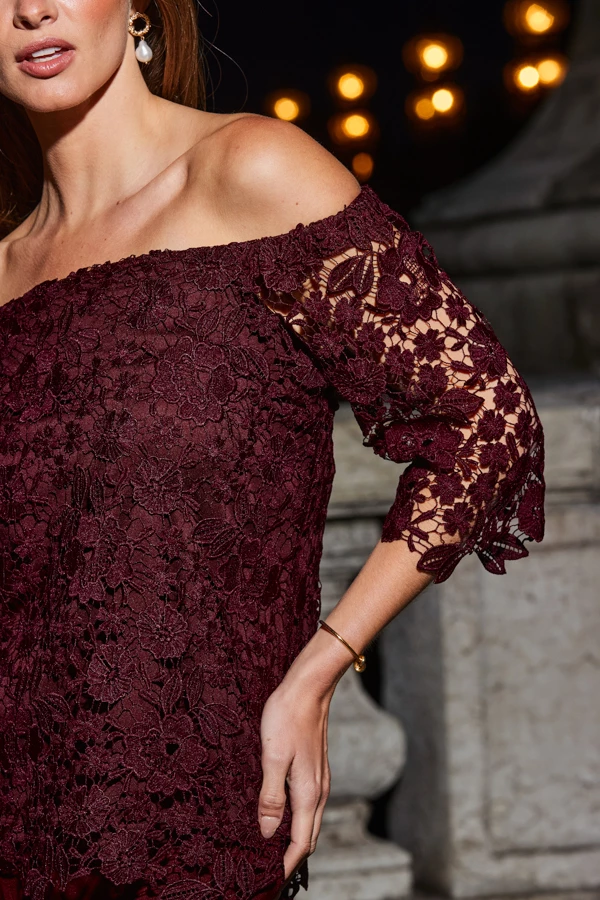 Burgundy Luxe Lace Bardot Top 8 Burgundy Luxe Lace Bardot Top - Image 6