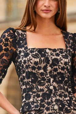 Black Luxe Lace Embellished Button Front Shift Dress -SOSANDAR Sales web 2308 51 a23dw002bk0001 51 238 rt