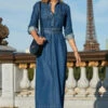 Mid Blue Fit & Flare Buckle Detail Denim Midi Dress -SOSANDAR Sales web 2308 68 a23dd017be0010 68 097 rt