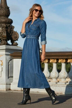 Mid Blue Fit & Flare Buckle Detail Denim Midi Dress -SOSANDAR Sales web 2308 68 a23dd017be0010 68 280 rt