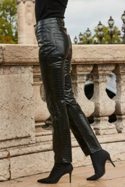 Black Croc Faux Leather Straight Leg Trousers -SOSANDAR Sales web 2308 73 a23bp010bk0001 73 193 rt