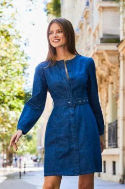 Dark Indigo Button Front Belted Denim Dress -SOSANDAR Sales web 2308 95 a23dd001in006w 95 110