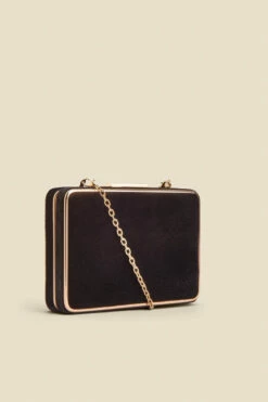 Black Velvet Clasp Detail Clutch Bag With Detachable Strap