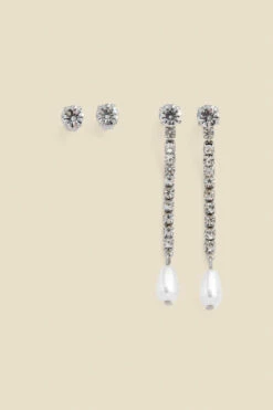 Silver Diamante Stud & Pearl Drop Earrings Set Of Two