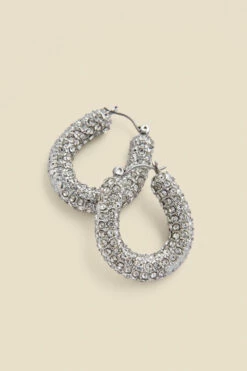Silver Rhinestone Detail Chunky Hoop Earrings