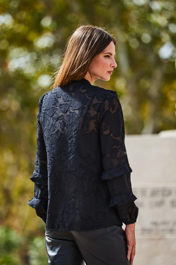 Black Floral Jacquard Ruffle Sleeve Blouse 5 Black Floral Jacquard Ruffle Sleeve Blouse - Image 3