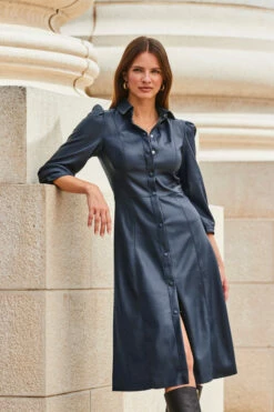 Navy Blue Faux Leather Popper Front Shirt Dress -SOSANDAR Sales web 2309 114 a20dp004be0003 114 016 rc
