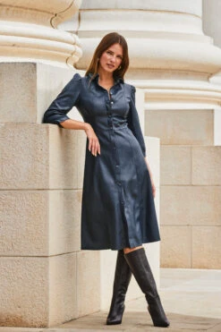 Navy Blue Faux Leather Popper Front Shirt Dress -SOSANDAR Sales web 2309 114 a20dp004be0003 114 072 rc
