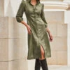Khaki Green Faux Leather Popper Front Shirt Dress