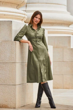 Khaki Green Faux Leather Popper Front Shirt Dress -SOSANDAR Sales web 2309 114 a20dp004gn0002 114 072 rc