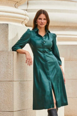 Green Faux Leather Popper Front Shirt Dress -SOSANDAR Sales web 2309 114 a20dp004gn0030 114 016