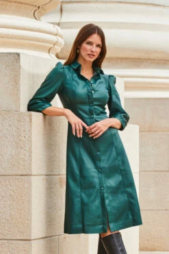 Green Faux Leather Popper Front Shirt Dress -SOSANDAR Sales web 2309 114 a20dp004gn0030 114 078