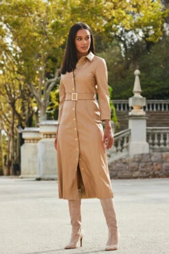 Camel Faux Leather Longline Shirt Dress -SOSANDAR Sales web 2309 122 a23dp010be0040 122 053