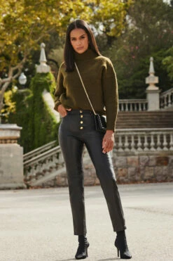 Black Leather Button Front Slim Leg Trousers -SOSANDAR Sales web 2309 128 a22tk484gn0002 128 132 1