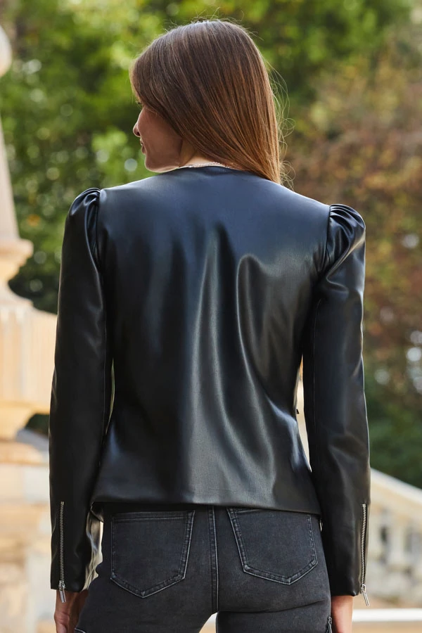 Black Faux Leather Puff Sleeve Jacket 6 Black Faux Leather Puff Sleeve Jacket - Image 4