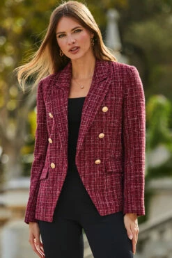 Burgundy Sparkle Boucle Military Blazer -SOSANDAR Sales web 2309 138 s23ow098rd0004 138 045