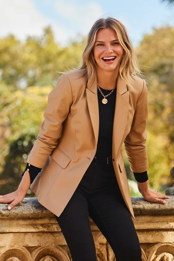 Tan Premium Faux Leather Blazer 5 Tan Premium Faux Leather Blazer - Image 3